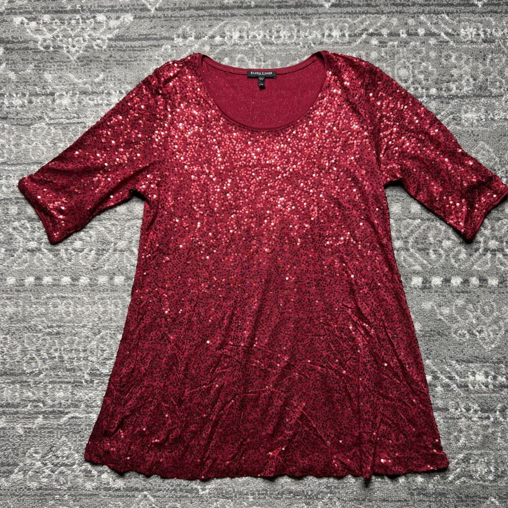 Eileen Fisher Tunic Top Petite Medium Red Sequin 100% Silk Blouse Evening